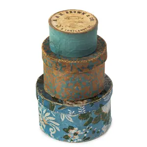 Stack of 3 Bandboxes, Wallpaper Covered and Paper Covered, Blue Palette