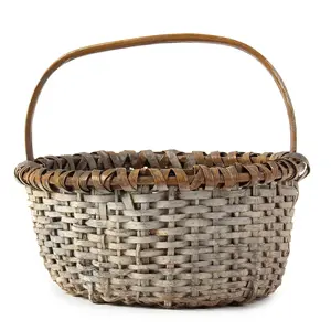 Wood Splint Gathering Basket, Carved Bail Handle, Original White Paint