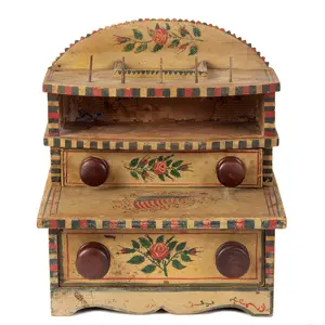 Sewing Box, Thread Spool Holder, Paint Decorated, Original Condition
