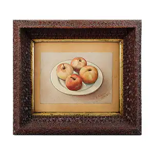 Tramp Art Picture Frame and Watercolor, Finely Carved, Graduated Layering