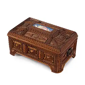 Tramp Art Chest, Jewelry Box, Inset Shadowbox Displaying Floral Composition