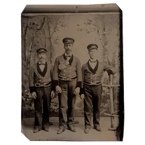 Photography, Tintype, Three Veteran Firemen's Association Members in Uniform