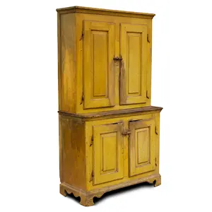 Mustard Yellow Painted Cupboard, Raised Panel Doors, Rat-Tail Hinges