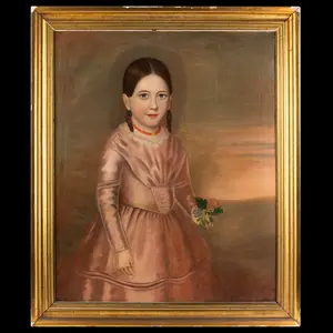 Folk Art Portrait, Young Girl Holding Spray of Flowers