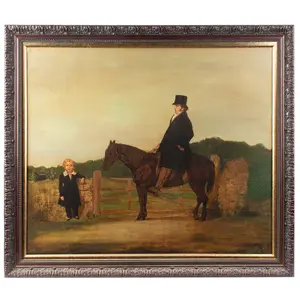 Painting, Top Hatted Dapper Gentleman Astride Horse, Portrait of Boy