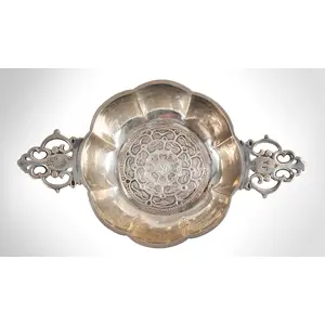 Silver Youth Bowl, Two Handled Ecuelle, Lobed, Pierced Handles, Tudor Rose Interior