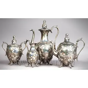 Four Piece Silver Plated Coffee and Tea Set, Daniel Webster Finials