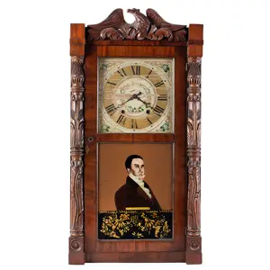 Mantel Clock, Daniel Webster Portrait Tablet, with Carved Columns & Eagle Pediment