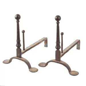 Andirons, Wrought and Cast Iron, Ball Finial, Conforming Log Stops