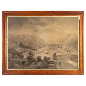 Antique Drawing, High Angle View of the Hudson River from West Point Academy