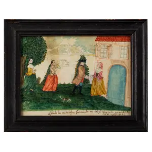 Folk Art, Watercolor, Garden Scene, Man, Three Women, Dog