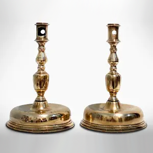 Lighting, Candlesticks, Matching Pair, Low Bell Bases, Robust Baluster Stems