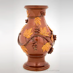 Redware Jug, Vase, Applied Molded Vine, Leaf and Berries Decoration
