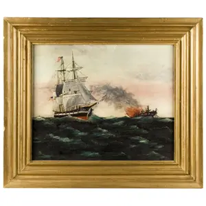 Painting, Brig Flying American Flag Rescues a Burning Ship, Maritime Fire