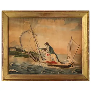 Cupid Directs Young Lovers Toward Shore, Folk Watercolor