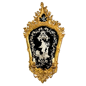 Mirror, Rocaille Carved and Pierced Giltwood with Girandole, Etched Glass