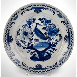 Delft Charger, Blue and White, Bird & Flower Design