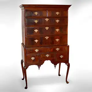 Queen Anne Highboy, Molded Cornice with Drawer, Diminutive. Massachusetts, Boston, 1730-1750