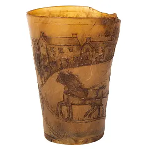 Scrimshaw Horn Ware Cup, Engraved Horse Drawn Carriage Scene