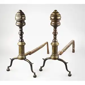 Brass and Iron Andirons with Matching Tools