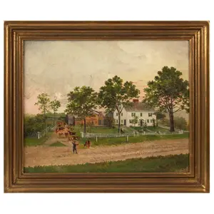 Painting, House & Environs, Colonial Home, Barns, Cattle & Farmer