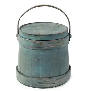 Antique Firkin Sugar Pail, Flour Bucket, Old Blue Paint, Lapped, Strap Handle