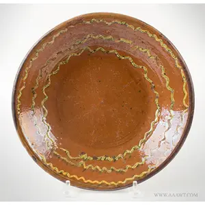 Redware Pan, Nathaniel Seymour Pottery, Wheel Thrown, Yellow Wavy Slip with Green Flecks