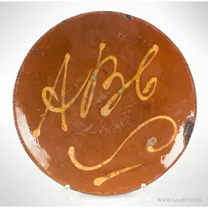 Redware Plate, Coggled Rim, Yellow Slip Decoration, ABC above Scroll and Dash