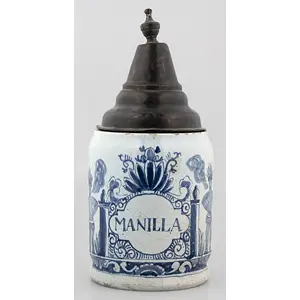 Dutch Delft Tobacco Jar, "MANILLA", With The Three Bells Mark