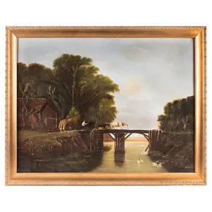 Horse Drawn Wagon Crossing Bridge over River, Landscape Painting