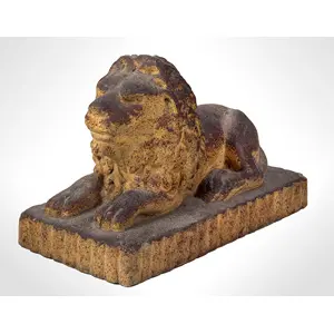 Antique Cast Sandstone Recumbent Lion on Fluted base