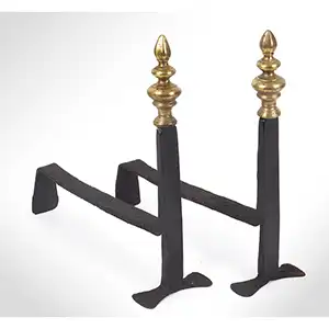  Andirons, Fire Dogs, Pair of Creepers, Wrought Iron, Robust Brass Finials