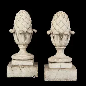 Pair of Architectural Finials, Pineapples in Old White Paint