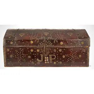 Trunk, Leather Bound, Brass Studded, Repousse Bosses, Doubled Headed Eagle
Possibly Spain