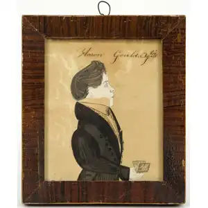 Amos Holbrook, Miniature Portrait of Aaron Gould, Aged 24, New Hampshire, Circa 1830. Small half-length, in a black coat, holding a book Inscribed Aaron Gould. Ag.d/24 [sic] along the upper edge