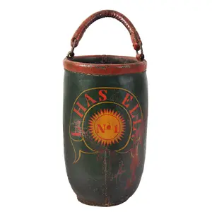 American Paint Decorated Leather Fire Bucket, L. HASKELL / NO 1