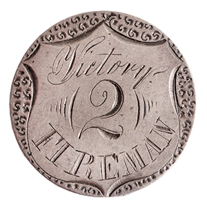 Nineteenth Century Fire Badge "Victory 2 Fireman", Silver, Engraved