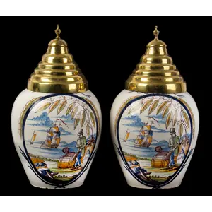 Pair, Dutch Delft Polychrome Tobacco Jars with Covers