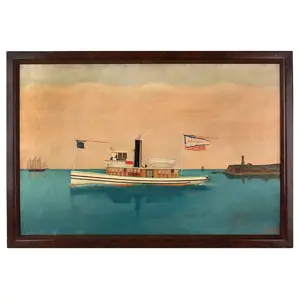 Maritime Folk Painting, The Tugboat Harlem River, Lighthouse, Flags