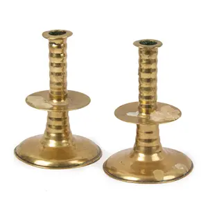 Pair of Early Trumpet Base Brass Candlesticks, England
