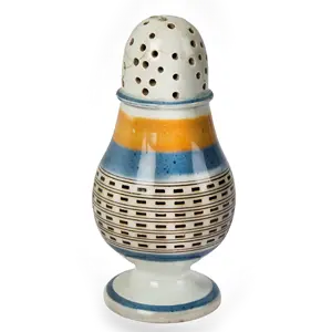 Mocha Pepper Pot Banded in Blue and Mustard with Engine Decoration