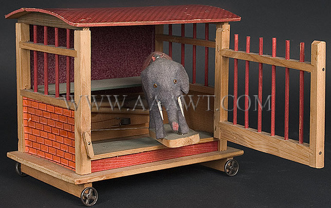 Antique Squeak Toy, Elephant in Wagon, Painted, 19th Century, angle view