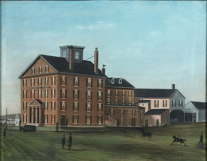 Antique Pastel Painting of the American House Hotel, Anonymous, 19th Century, close up view