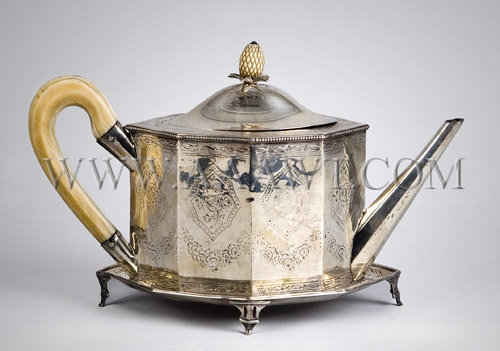 Octagonal George III Silver Teapot and Footed Undertray, teapot entire view