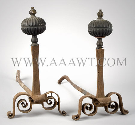 Pair of Early Andirons
Possibly Dutch
Cast Face Finials, entire view