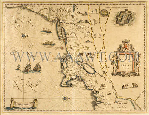 Classic 17th Century Map Of New England
NOVE BELGICA ET ANGLIA NOVA
Willem Janszoon Bleau
Amsterdam
Circa 1635, entire view