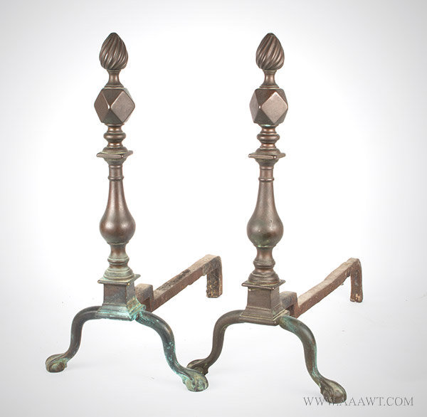 Antique Chippendale Andirons with Baluster Shaft and Stepped Plinth, Circa 1775, angle view