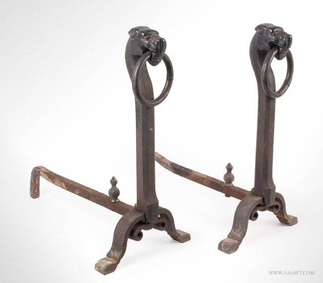Vintage Pair of Cast Iron Dog Head Andirons, Early 20th Century, angle view