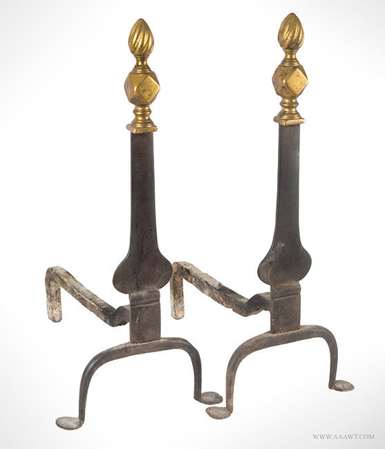 Antique Wrougt Iron Knife Blade Andirons with Brass Flame Finials, 18th Century, angle view