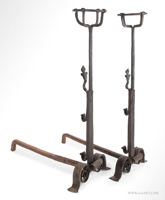 Antique Pair of Early Wrought Iron Andirons with Cresset Tops and Spit Hooks, 17th Century, angle view 1